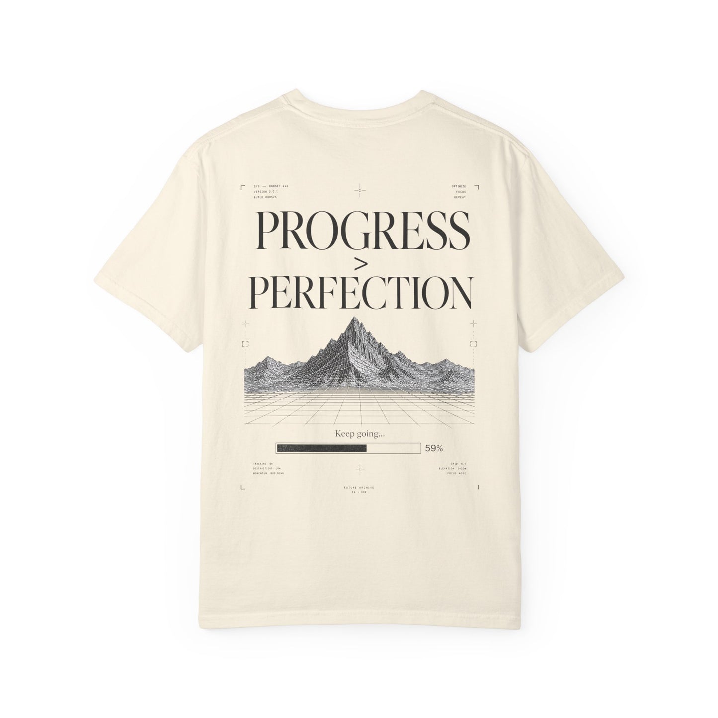 Progress > Perfection™ — Premium Wireframe Mountain Graphic T-Shirt | Minimal Editorial Streetwear